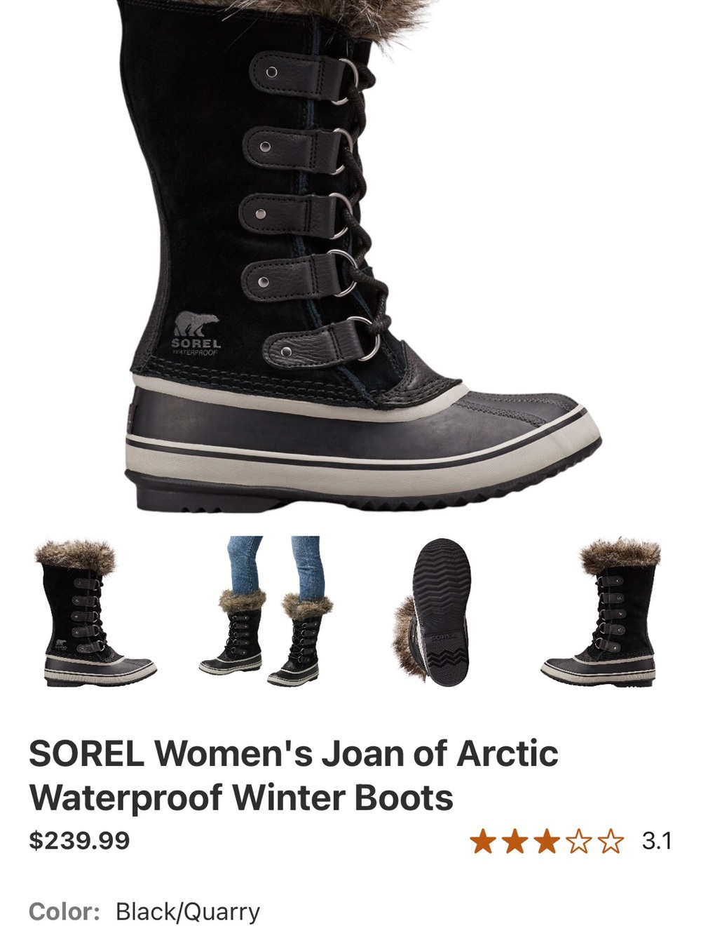 Sorel Black and Quarry Joan of Arctic Lace-Up Winter Boots